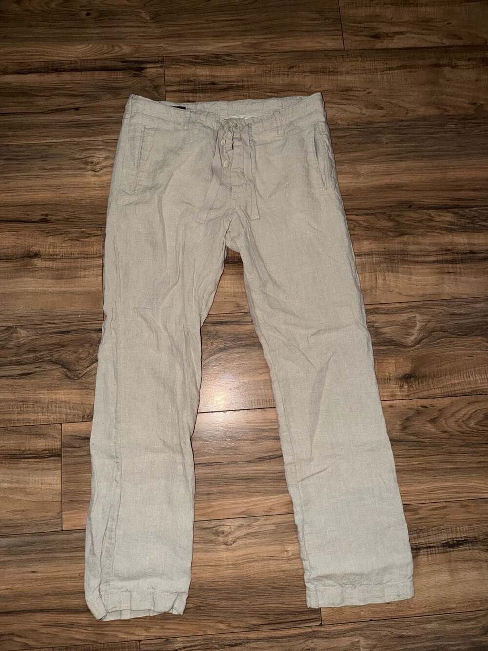 Perry Ellis Men's Beige 100% Linen Drawstring Pants Size 32
